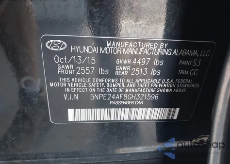 2016 Hyundai Sonata Se from USA, damaged, VIN 5NPE24AF8GH321596